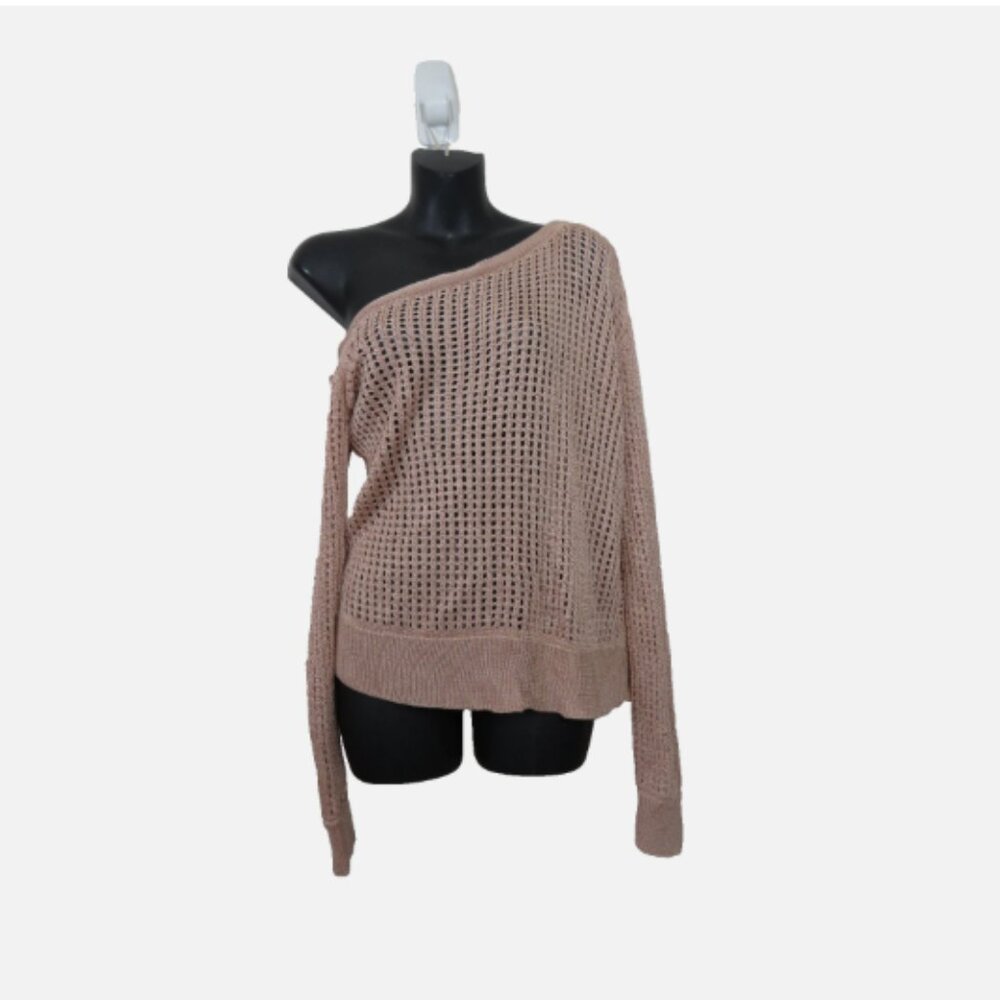 LPA size Small Off the Shoulder Sweater Leo Crochet Bronze Open Knit Long Sleeve